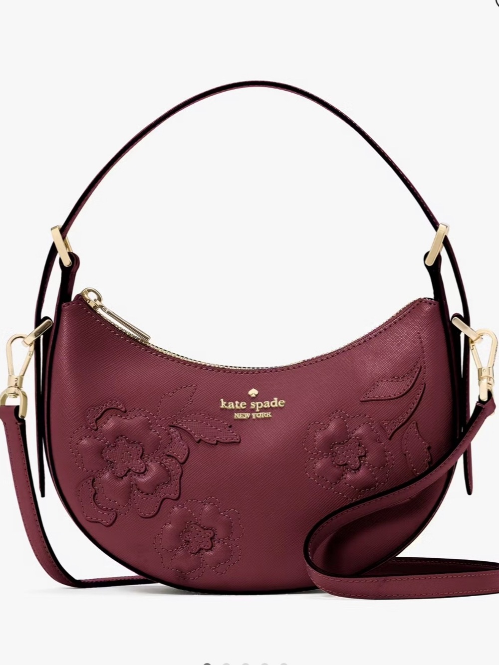 NWT-Kate Spade-SET-Madison-Crescent Bag &Cardholder-Dk Merlot-Forest Blooms-$468 - Picture 9 of 15